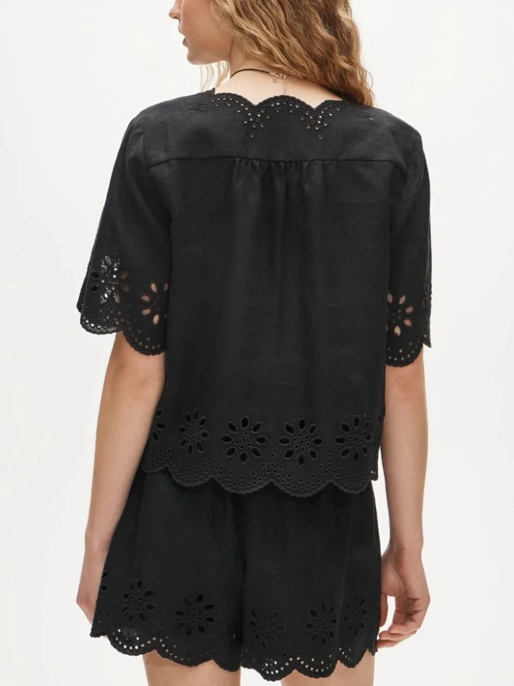 NEW J. Crew Embroidered Eyelet Top Black Linen Scalloped Trim Loose Size M
